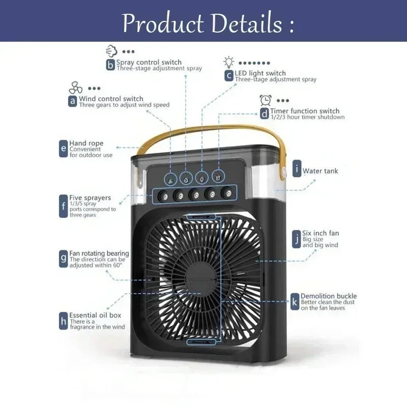 Humidificador Portátil, Ventilador 3 en 1, minienfriador de aire para el hogar, luz LED nocturna,