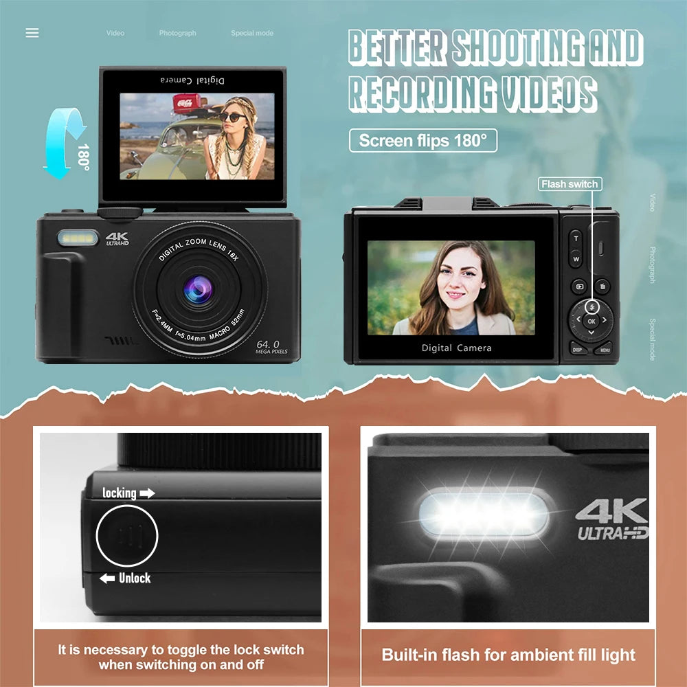 Cámara digital 4K para fotografía con pantalla giratoria